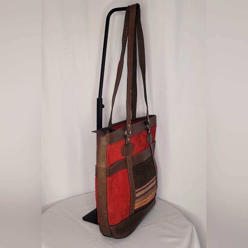 Boho Red Suede & Leather Tote Bag | Southwestern Stripe Shoulder Purse - Picture 5 of 6